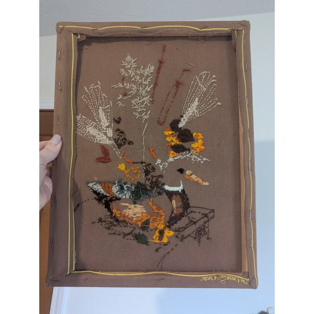 Vtg Embroidered Duck Floral Wall Art Framed The Creative Circle Unfinished 16x12